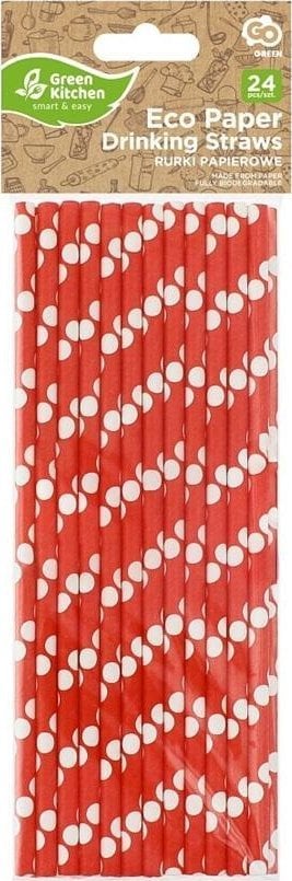 Słomki papierowe czerwone w białe groszki 24szt