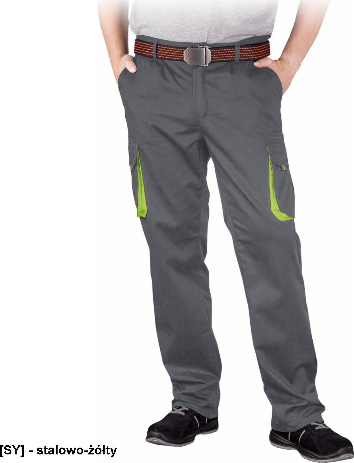 R.E.I.S. LAND-T - Elastyczne męskie spodnie ochronne do pasa LAND, 62% poliester, 35% bawełna, 3% elastan, 240 g/m - stalowo-żółty 50