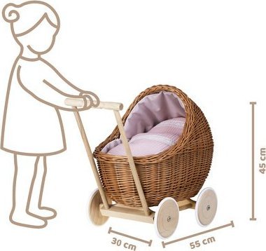 WickerPL LILI ZESTAW WÓZEK I KOLEBKA WIKLINOWA DLA LALEK z obszyciem pudrowy róż 55X30 H45 / 46X28 H25 CM