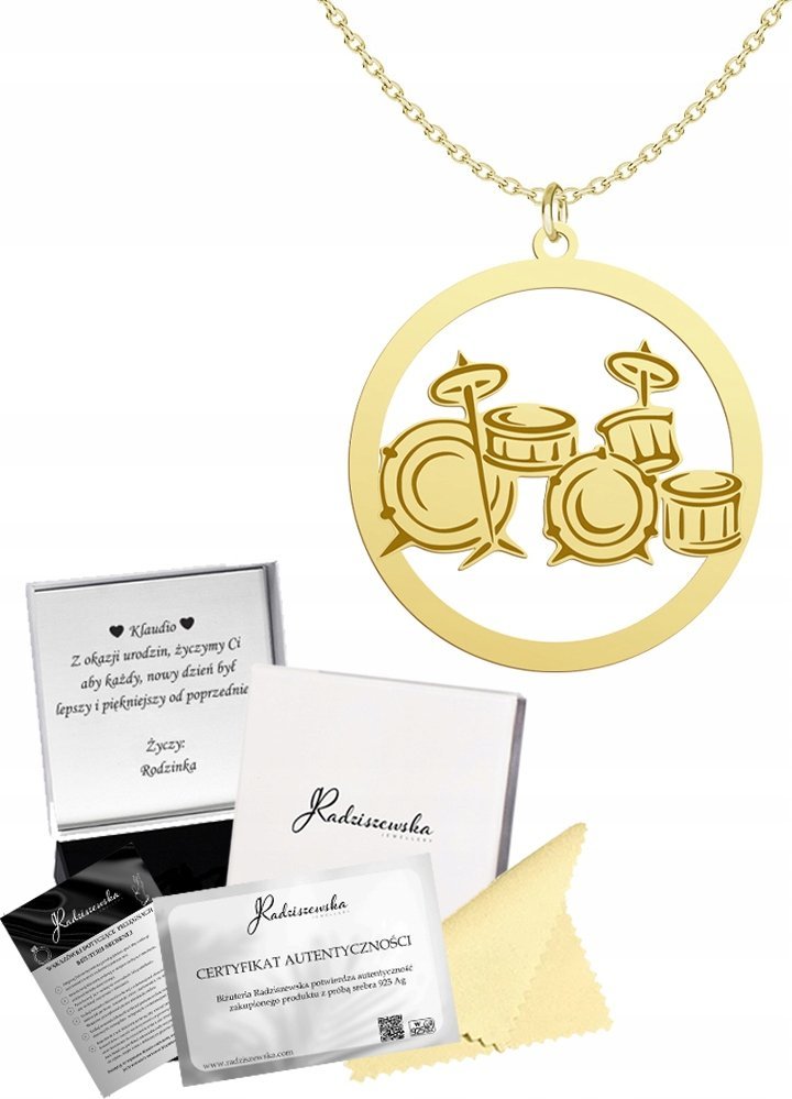 Radziszewska Jewellery Złoty Naszyjnik Perkusja Prezent Muzyka Biżuteria 925 GRAWER GRATIS