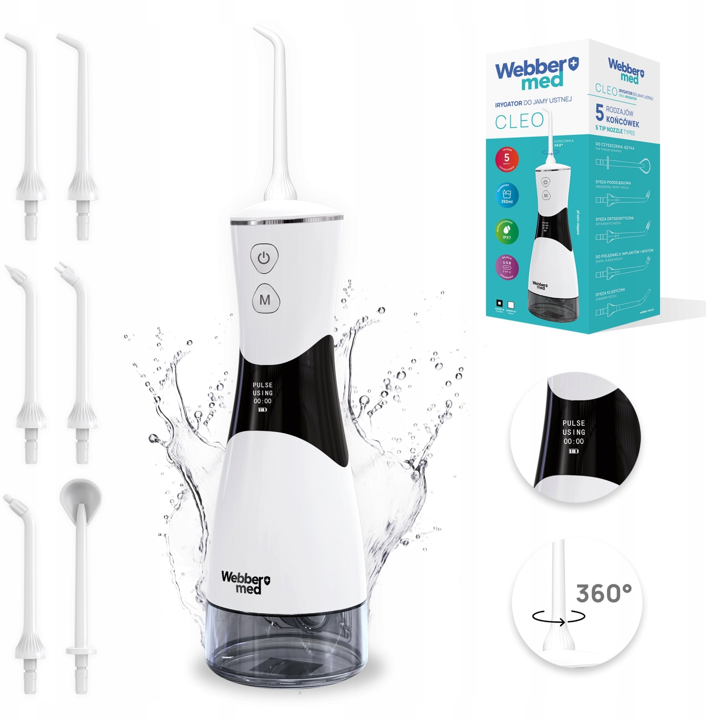 Irygator do zębów Webber bezprzewodowy, dentystyczny, mocny 5 dysz, 5 trybów pracy