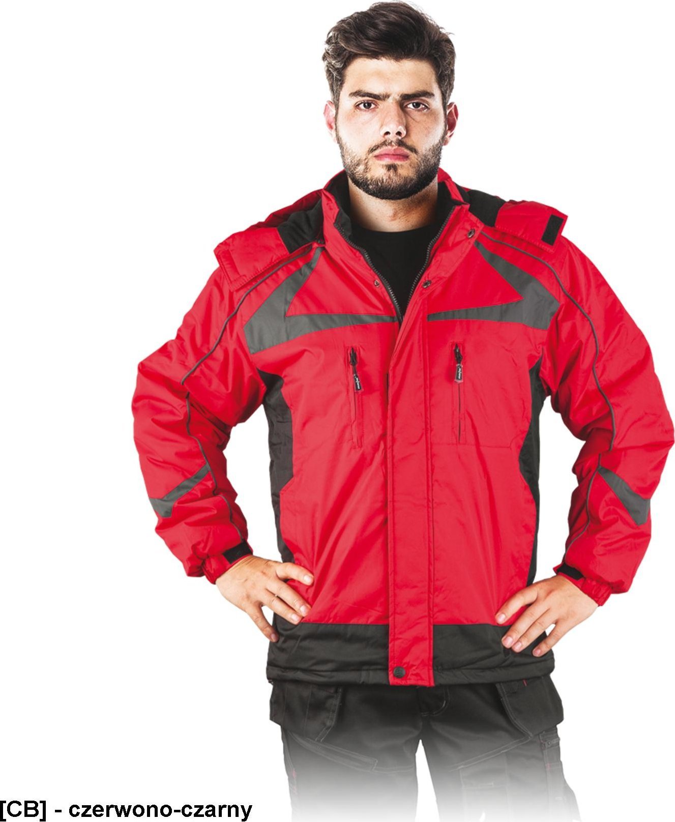 R.E.I.S. ZEALAND - kurtka ocieplana polarem, kołnierz stójka, odpinany kaptur z polarową podszewką - czerwono-czarny M