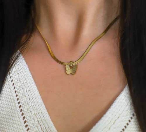 OTIEN Naszyjnik złoty łańcuszek żmijka zawieszka motylek stal chirurgiczna