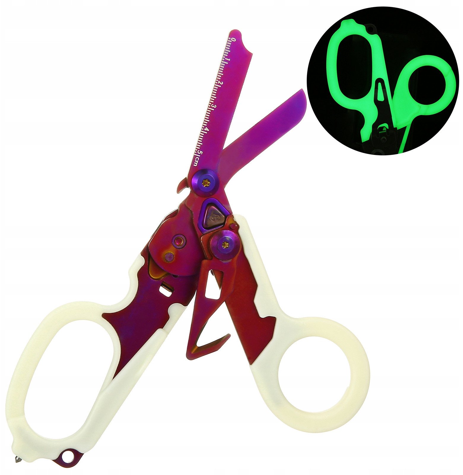 Nożyce MEDYCZNE Taktyczne RATUNKOWE Nożyczki ŚWIECĄCE CIEMNOŚCI 6W1 Fiolet