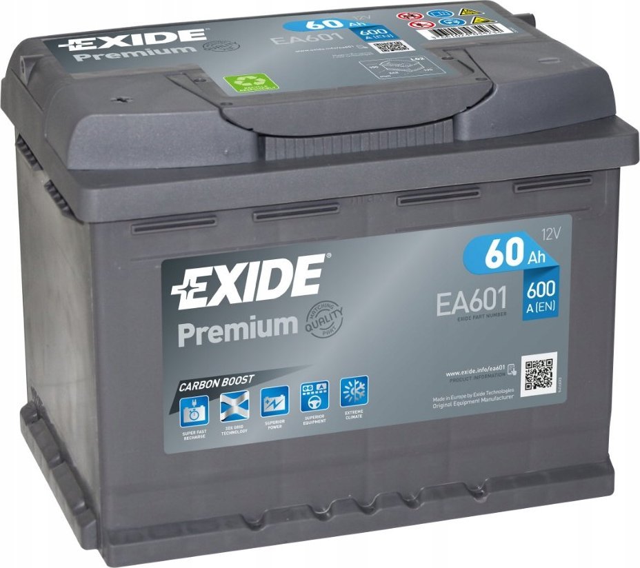 Akumulator EXIDE 12V 60Ah/600A PREMIUM (L+ en) 242x175x190 B13 (rozruchowy)