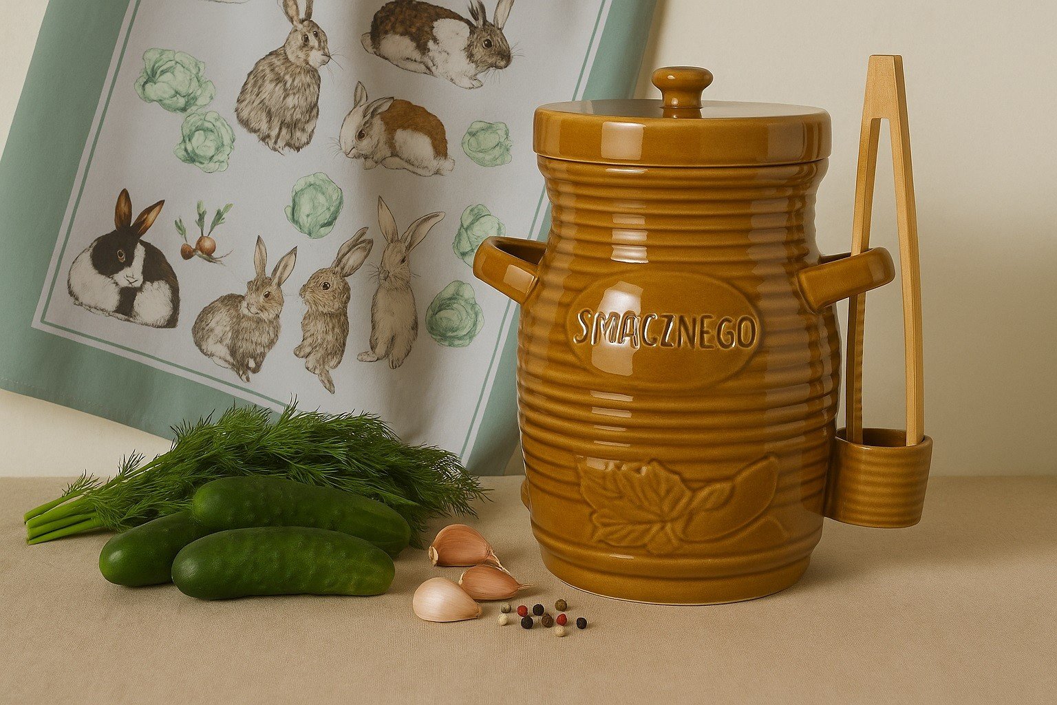 Pojemnik ceramiczny 3,5 L na ogórki ze szczypcami Smacznego 3170 miodowy