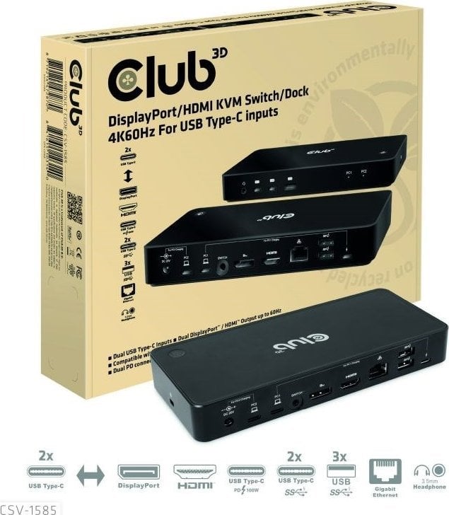 Club 3D Club3D KVM Switch 4K60Hz 2x USB-C> HDMI/DP/3xUSB/2xUSB-C/LAN retail