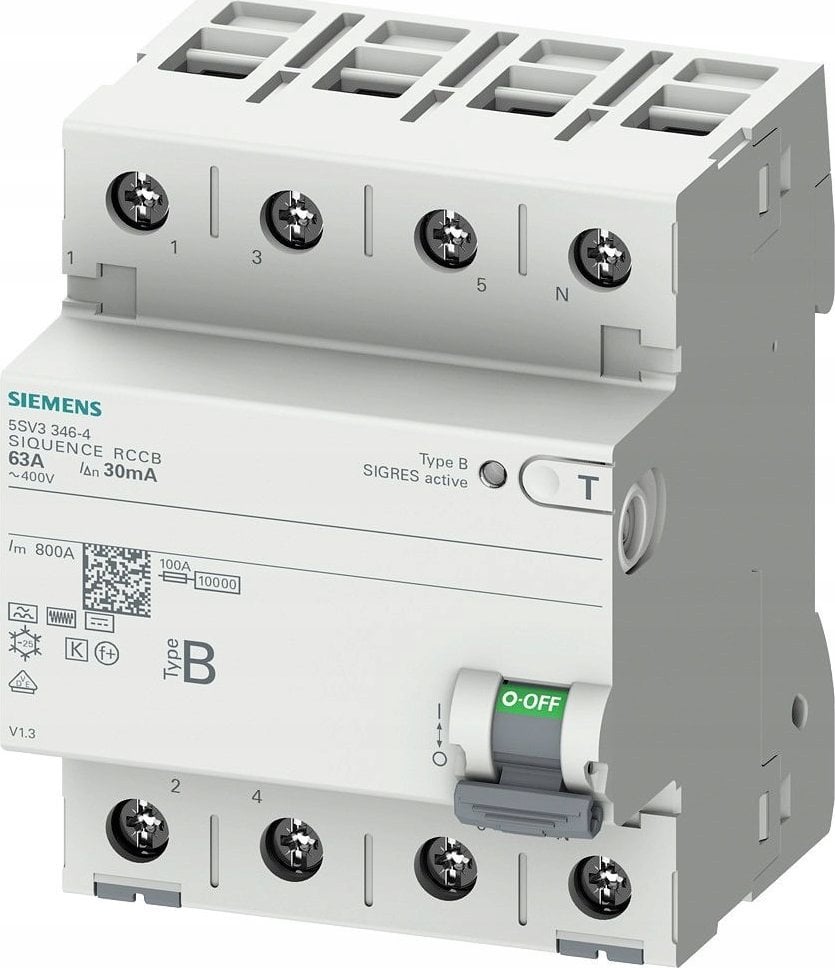 Siemens Wyłącznik różnicowoprądowy 3P+N Typ B 63A 30mA 400V AC 5SV3346-4