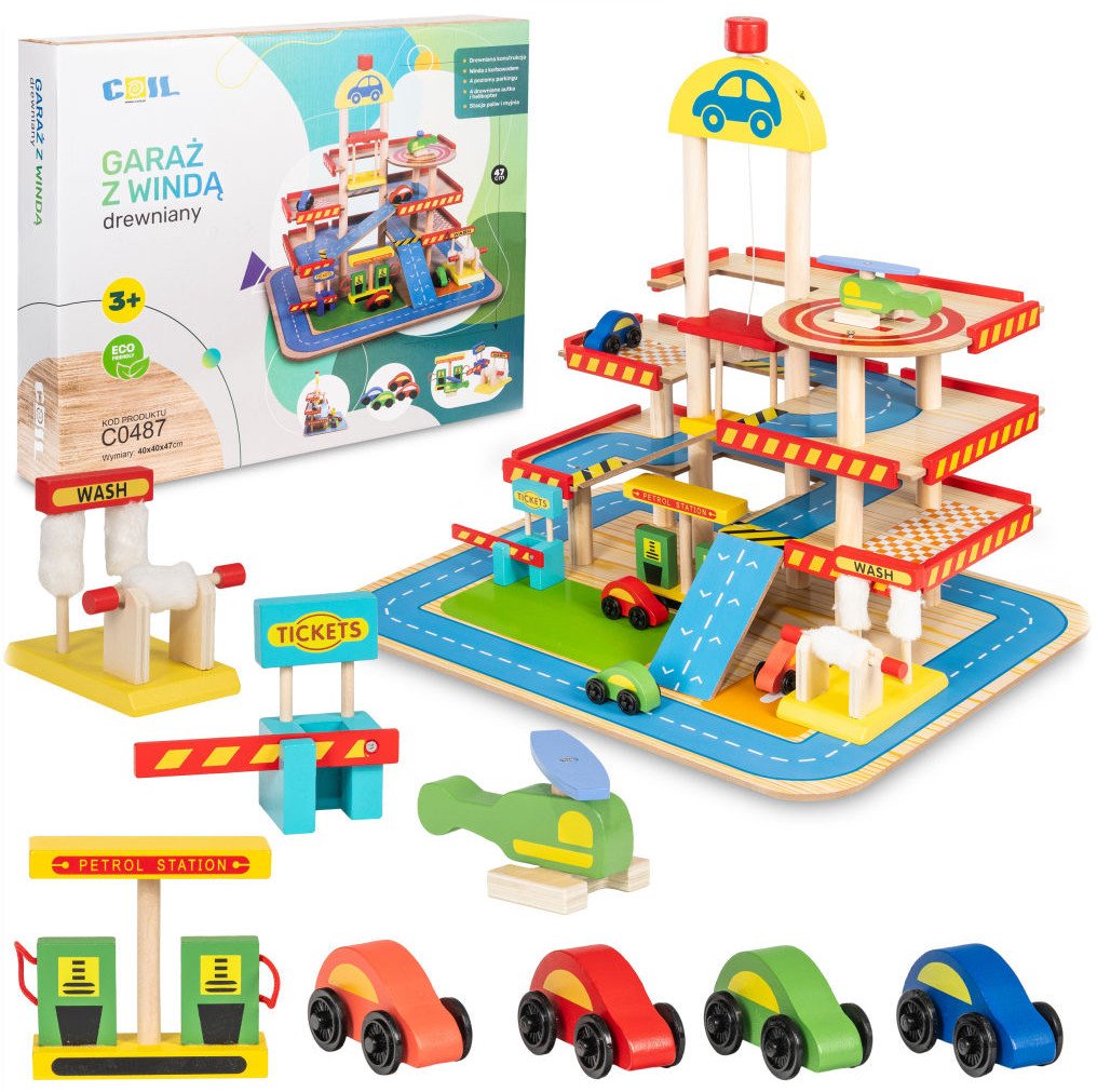 Coil garaż parking samochodowy auta autka zestaw drewniany piętrowy z autkami helikopter