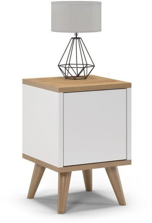 Szafka nocna na nóżkach, zamknięta, SKAND, 30x30x45 cm, biel, dąb, mat | TYLETEGOTU
