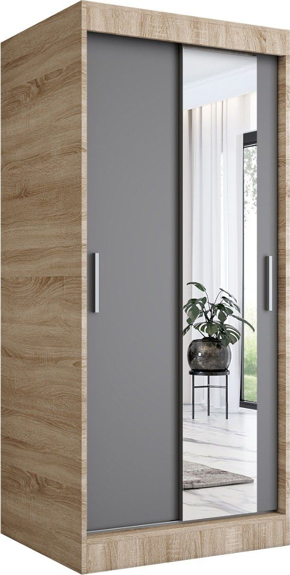 MKPOL Szafa przesuwna MODUO COMFORT 90 dąb sonoma/antracyt z lustrem po prawej