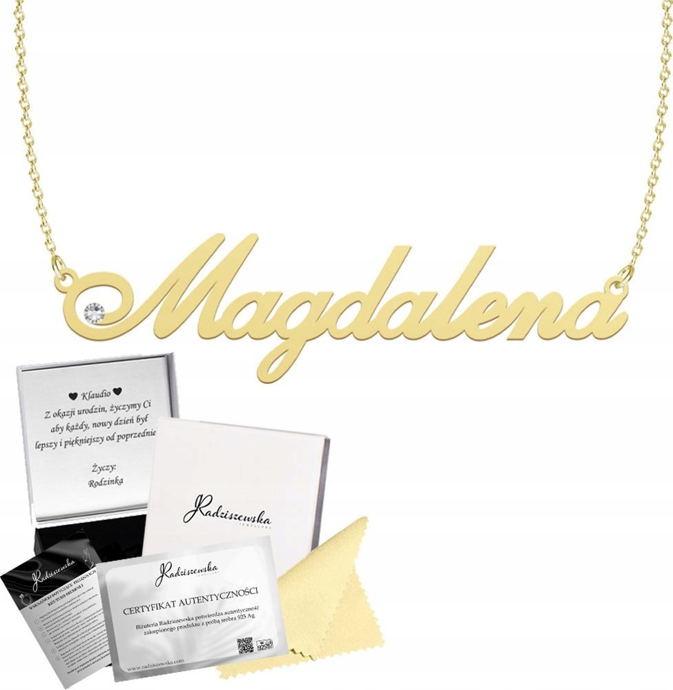 Radziszewska Jewellery Złoty Naszyjnik z Imieniem Magdalena Łańcuszek SREBRO 925 DEDYKACJA GRATIS