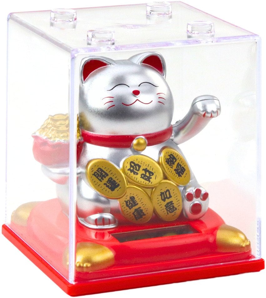 Chiński Kot Szczęścia W Gablocie Figurka Solarna Ozdoba Srebrny