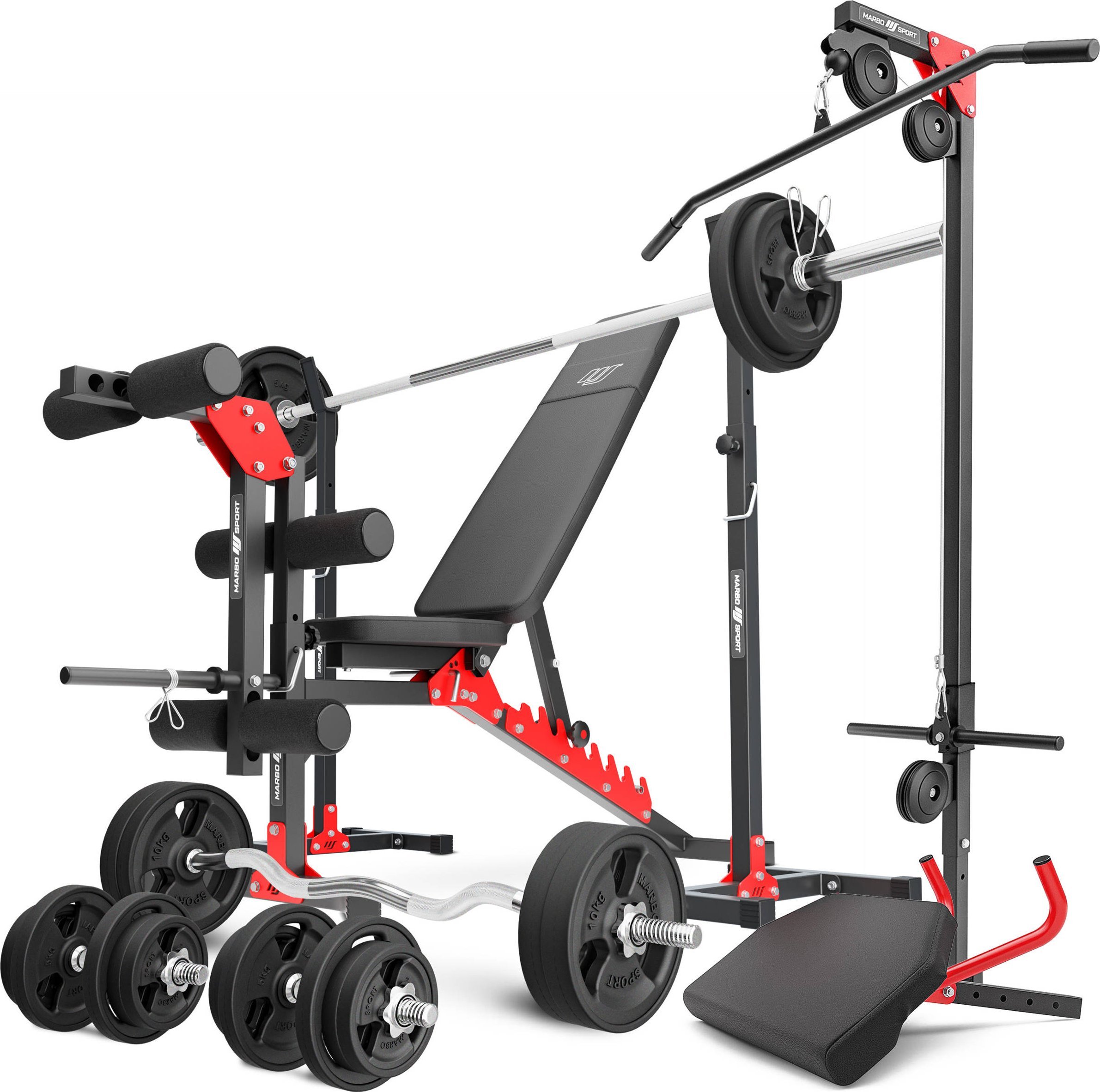 Zestaw MH25_162KG_KIER_G | Ławka + stojaki + prasa na nogi + wyciąg + modlitewnik (wsuwka) + zestaw gryfów i obciążeń gumowanych 113 kg - Marbo Sport