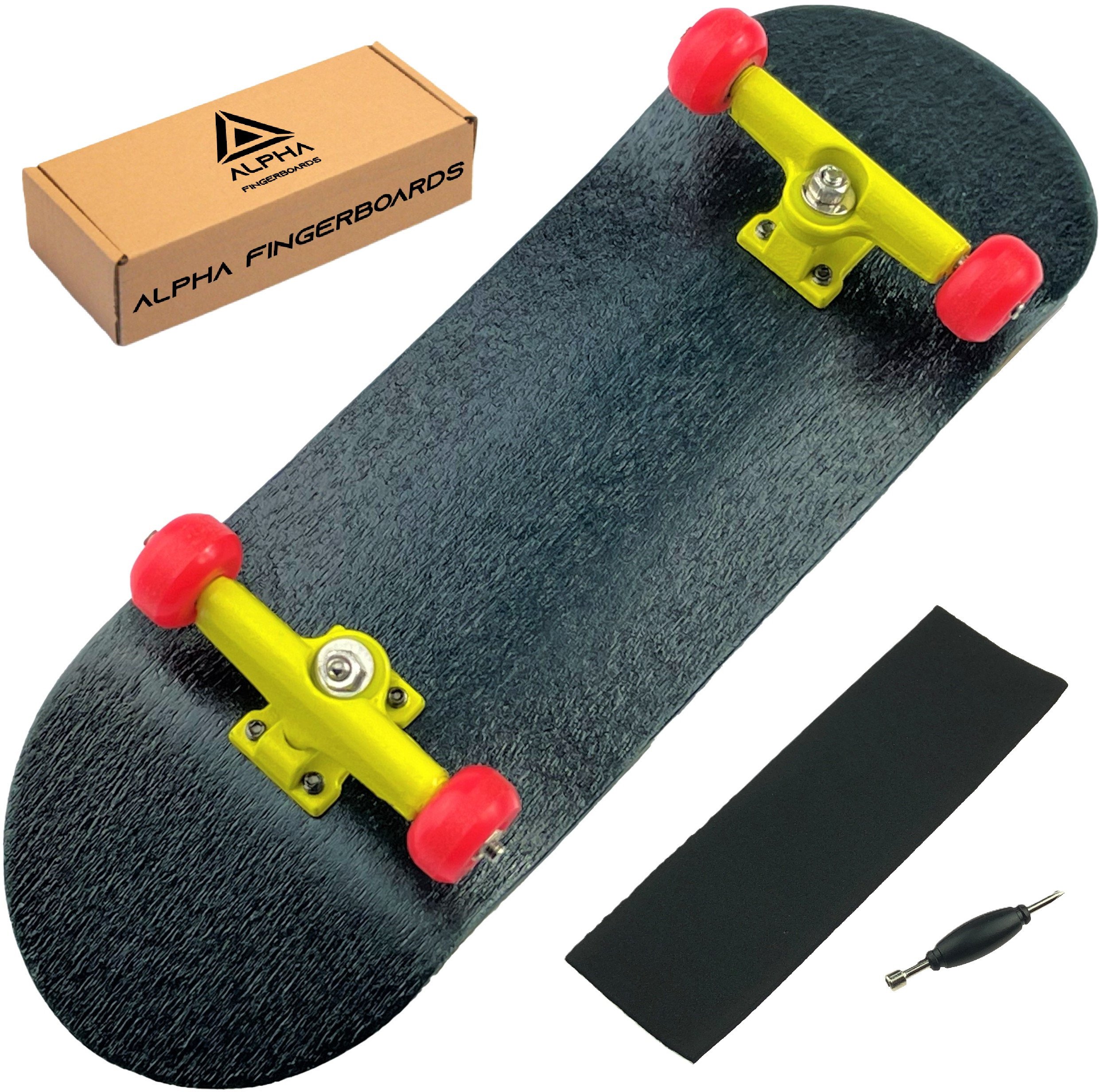 FINGERBOARD ALPHA KOMPLETNY SET DREWNIANY MINI DESKOROLKA TRUCKI ŁOŻYSKA CZARNA ŻÓŁTE TRUCKI
