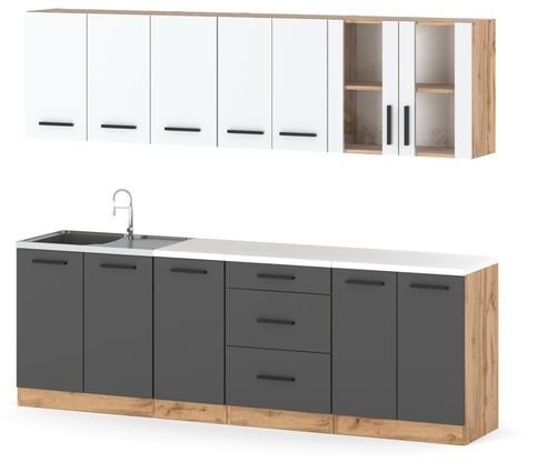 Kuchnia Modułowa Nowoczesna Blat Pojemna Remino 2.6m Wotan Biała Szara Mat