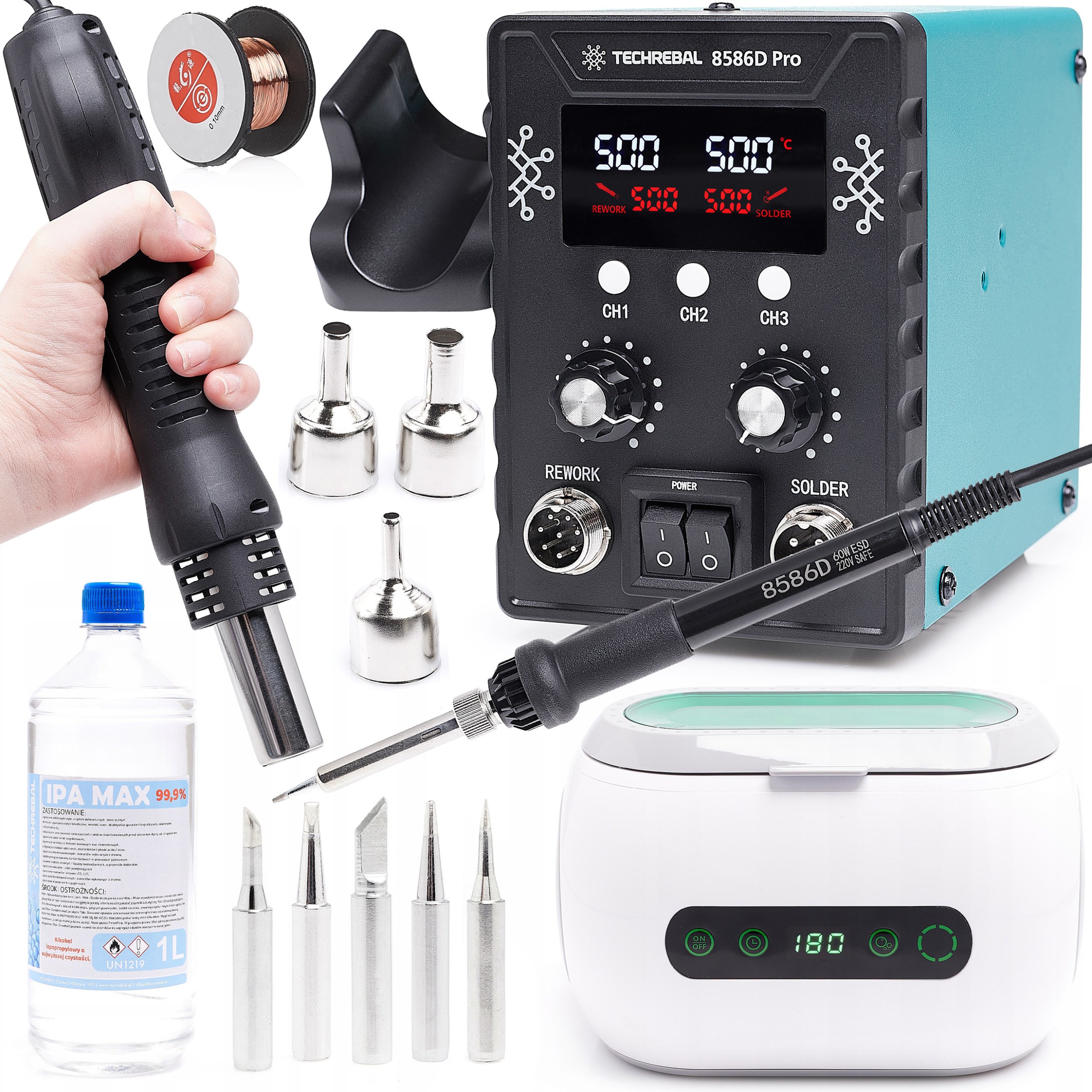 Zestaw Stacja Lutownicza 2w1 Techrebal 8586 Myjka Ultradźwiękowa Akcesoria