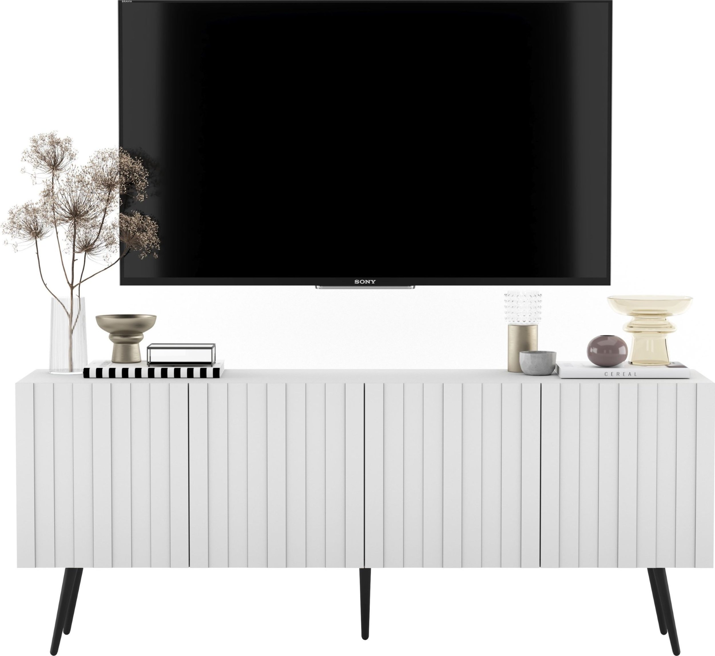 Meble Lindner Meble Lindner Komoda RTV Glamour Szafka RTV Glamour Biała 150 cm Ryflowane fronty Nogi Czarne Metalowe