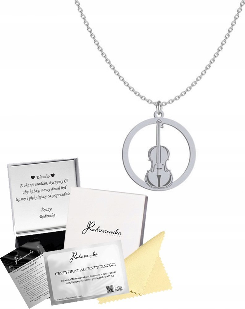 Radziszewska Jewellery Naszyjnik Srebrny Skrzypce Srebro 925 Łańcuszek Prezent GRAWER GRATIS