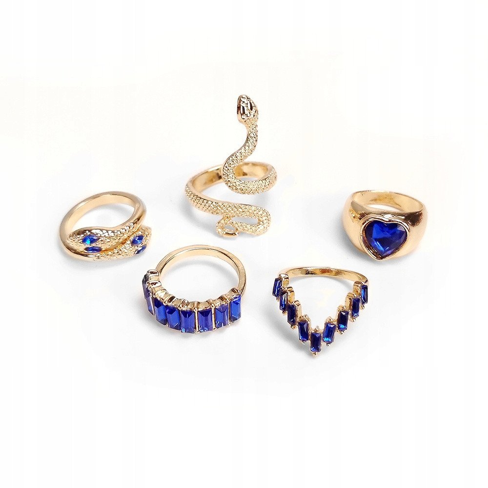 ZESTAW Złotych PIERŚCIONKÓW RETRO PUNK VINTAGE 5 Sztuk WĄŻ Serce NIEBIESKI