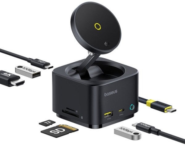 Hub USB-C 7w1 Baseus MagPro Series II z ładowarką kompatybilną z MagSafe 15W + HDMI + USB-A + USB-C + SD/TF - czarny