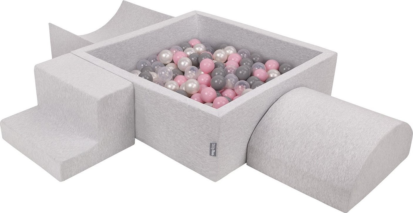 KiddyMoon Piankowy plac zabaw PPZP-KW30D-134 z piłeczkami jasnoszary: perła-szary-transparent-pudrowy róż basen 300/rampa L/półwałek L/schodek Zabawka