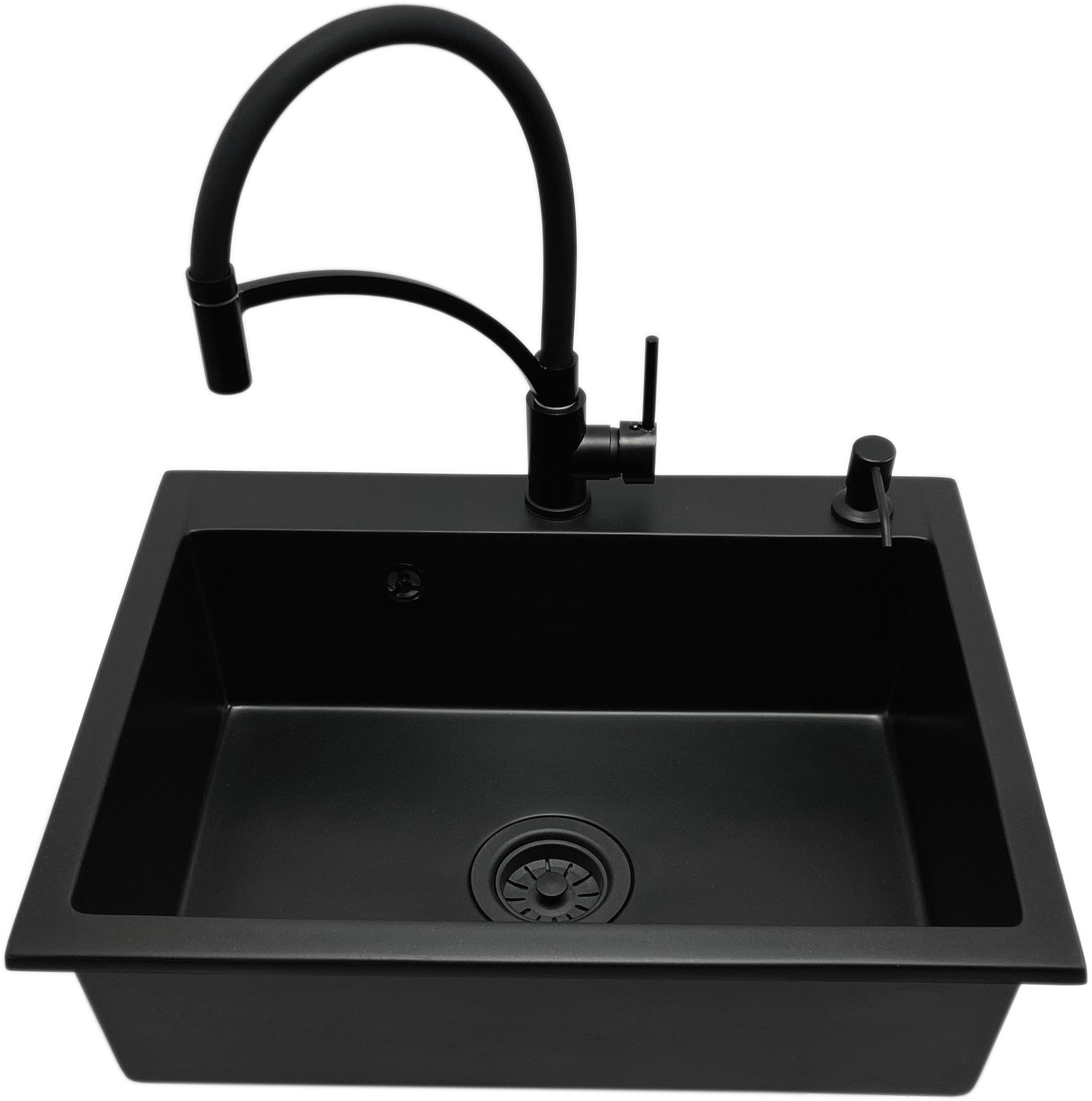 Zlewozmywak jednokomorowy ELAN czarny + bateria LAURA czarna + dozownik czarny