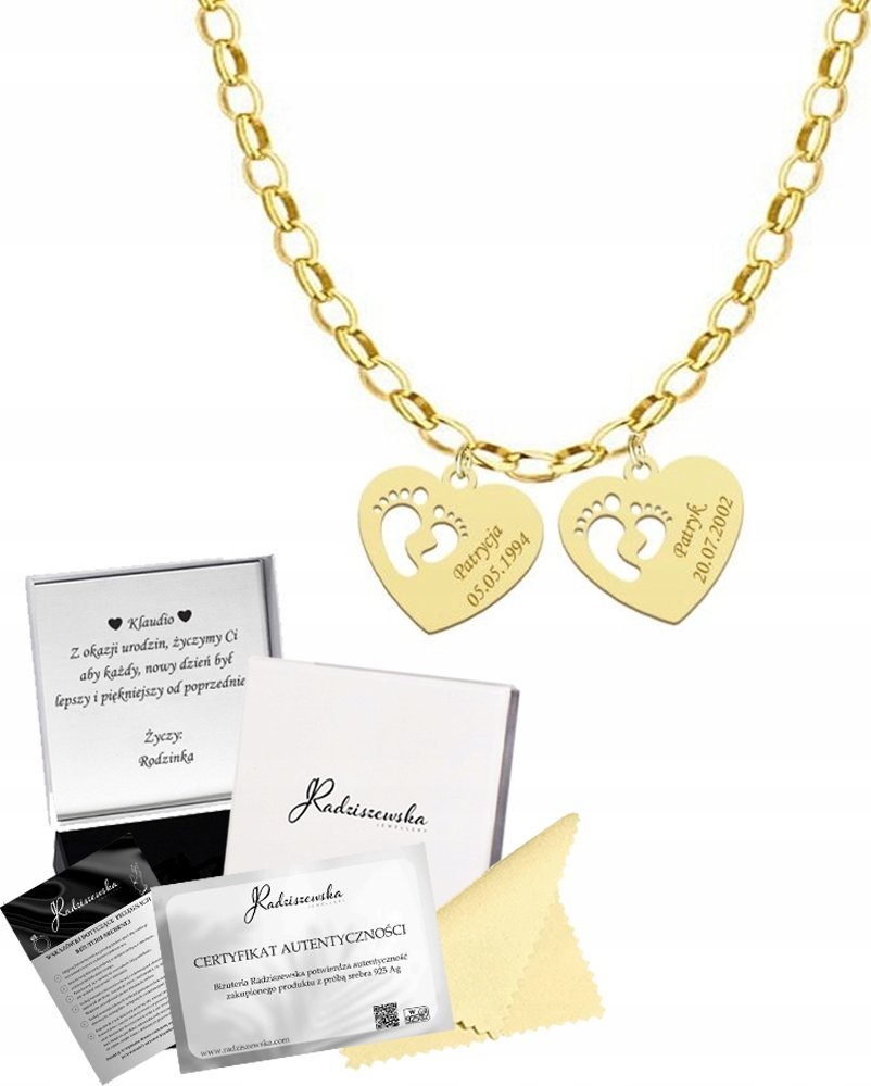 Radziszewska Jewellery Złoty Naszyjnik z Sercem STÓPKI Grawer SREBRO 925 Prezent ŻYCZENIA GRATIS