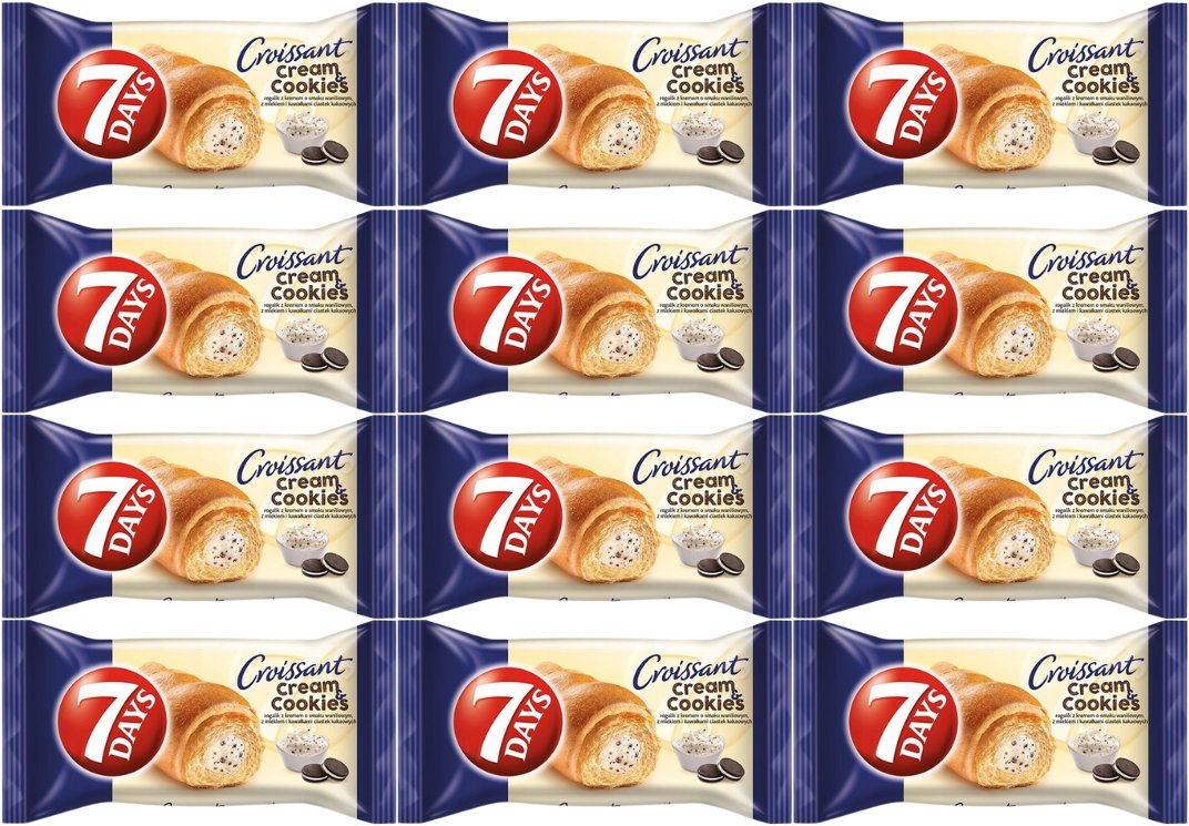 7 Days Cream & Cookies Rogalik z kremem o smaku waniliowym z mlekiem i kawałkami ciastek 60 g x 12 sztuk