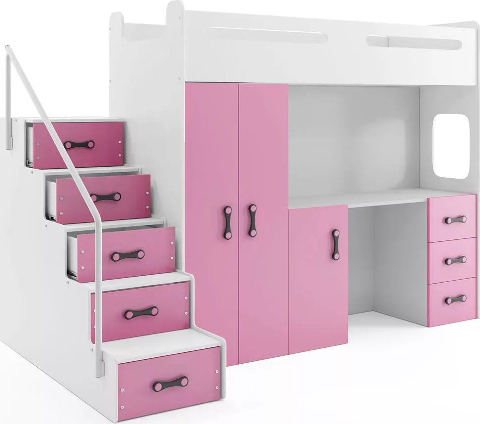Elior Biało-różowe łóżko dla dziewczynki z biurkiem i szafą - Awos