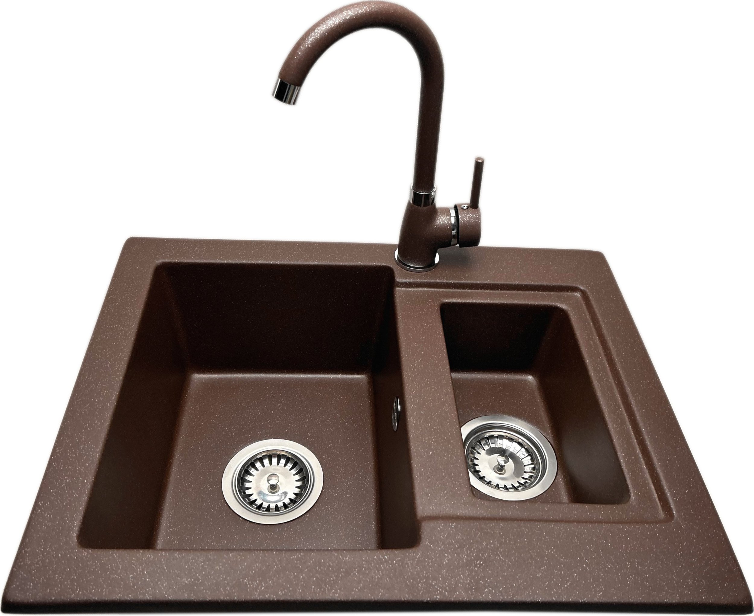 Zlewozmywak PREHNIT Zlewozmywak 1,5 komorowy GALIA brąz metalik z małą komorą po prawej stronie + bateria NOON