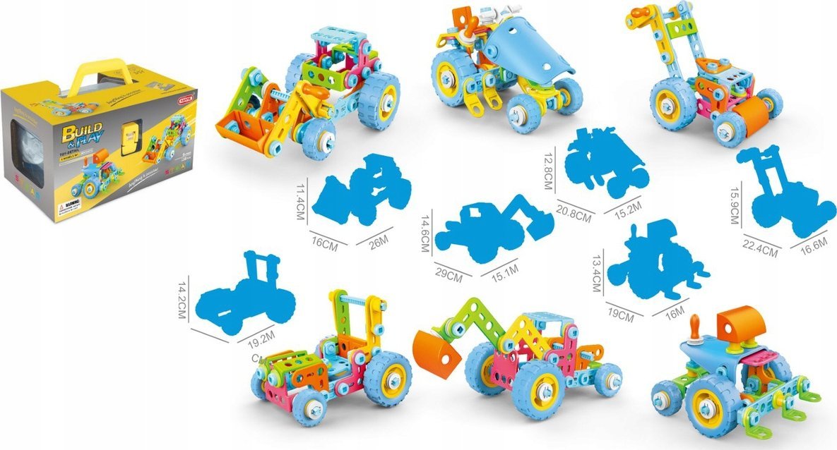 KoloroweKlocki Elastyczne, Konstrukcyjne 118 El., Koparka, Traktor, Pojazdy Budowlane Do Rozkręcania I Skręcania