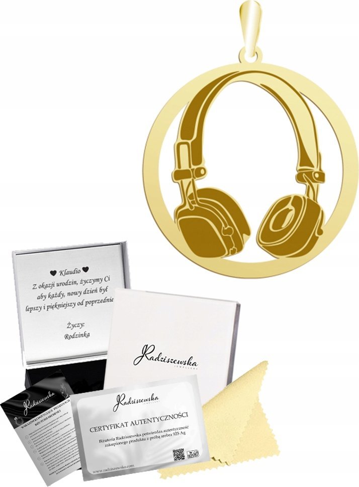 Radziszewska Jewellery Zawieszka Złota Słuchawki DJ Wisiorek 925 Prezent Biżuteria GRAWER GRATIS