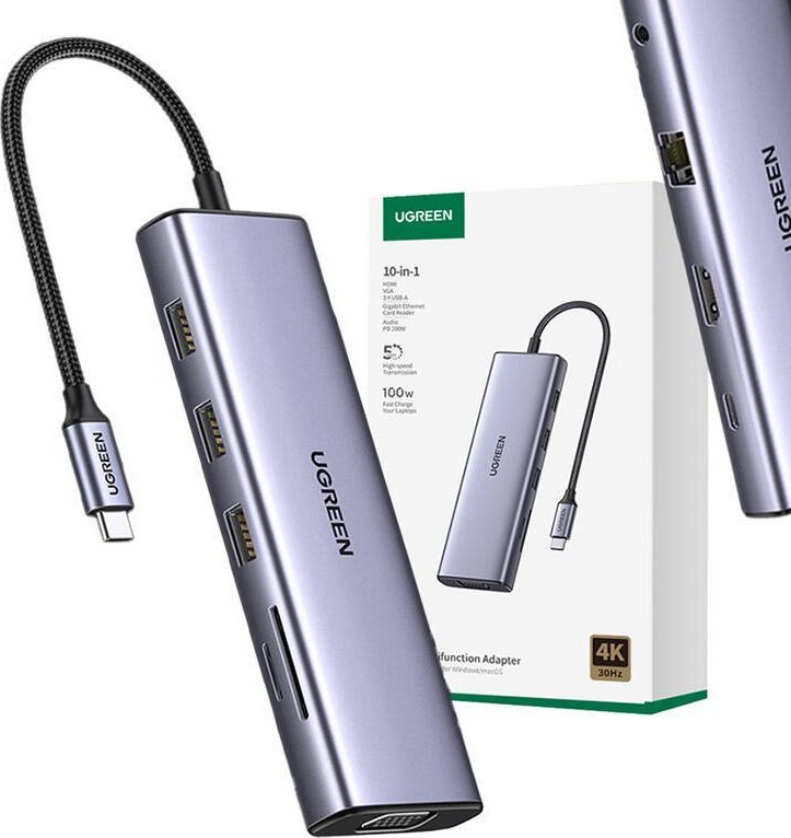 Adapter USB Ugreen Adapter 10w1 UGREEN CM498 Hub USB do 3x USB-A 3.0, HDMI, VGA, RJ45, SD/TF, AUX3.5mm, PD Converter