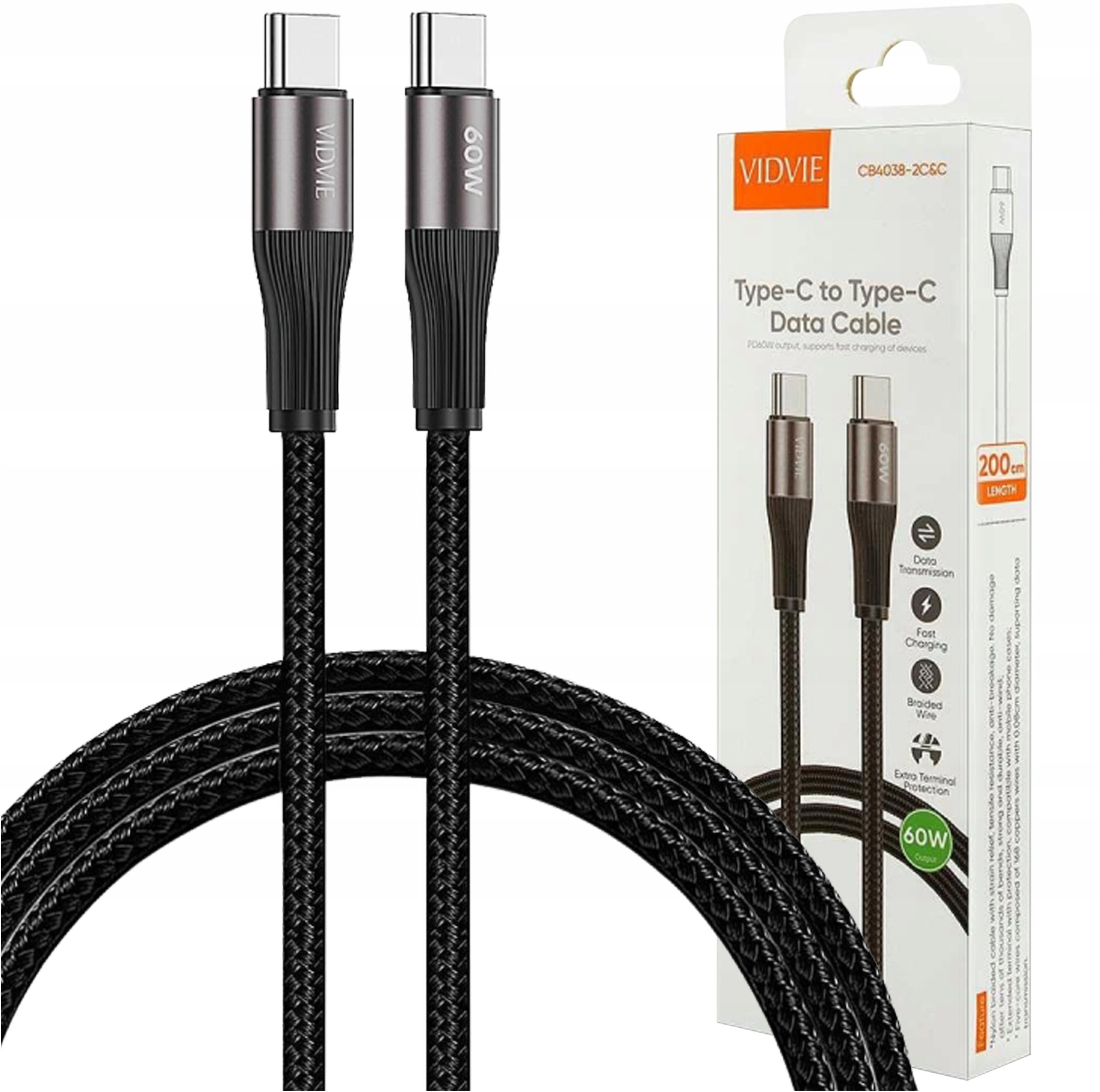 Vidvie SZYBKI KABEL VIDVIE USB TYP-C PRZEWÓD MOCNY 60W 2m