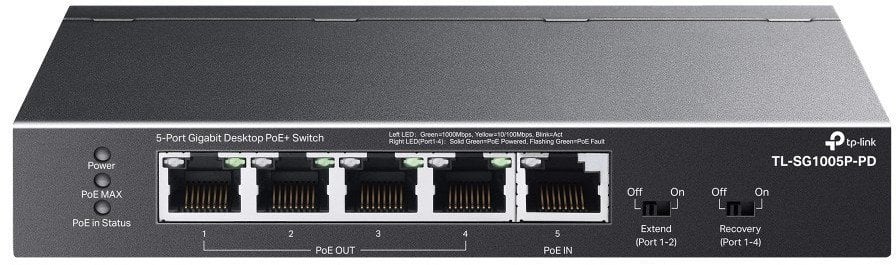Switch TP-Link Przełącznik sieciowy TP-LINK z 5 portami Gigabit Ethernet, w tym 4 porty z technologią PoE, model TL-SG1005P-PD. Bezobsługowy, p