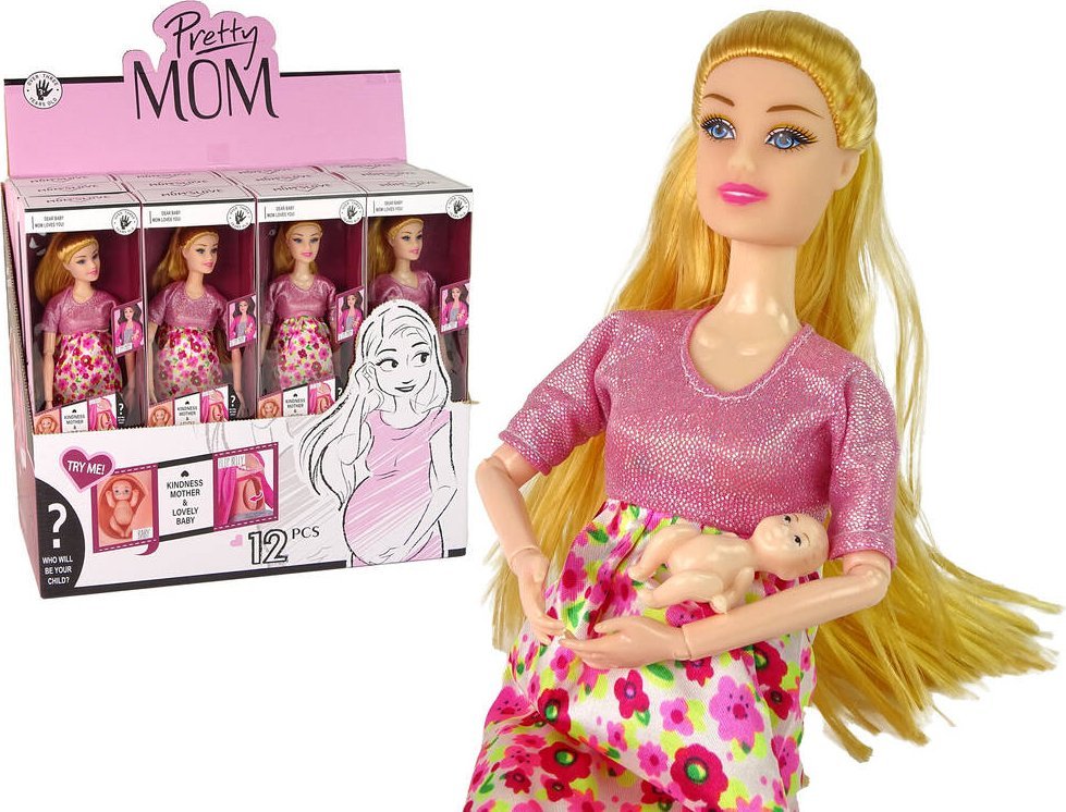 LeanToys Lalka Dla Dzieci W Ciąży Różowa Sukienka Kwiaty