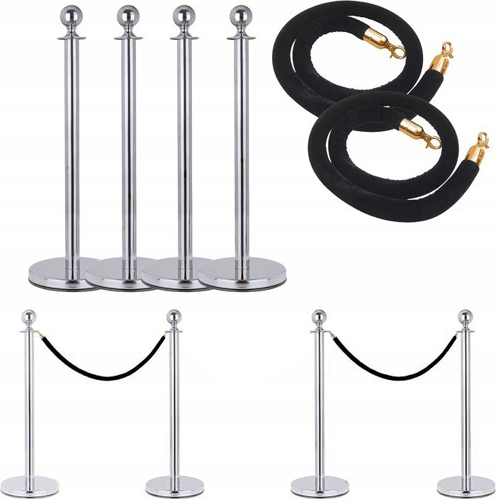 ZESTAW 4 SŁUPKI ODGRADZAJĄCE HOTELOWE SREBRNE + 2 LINY CZARNE FOTOBUDKA