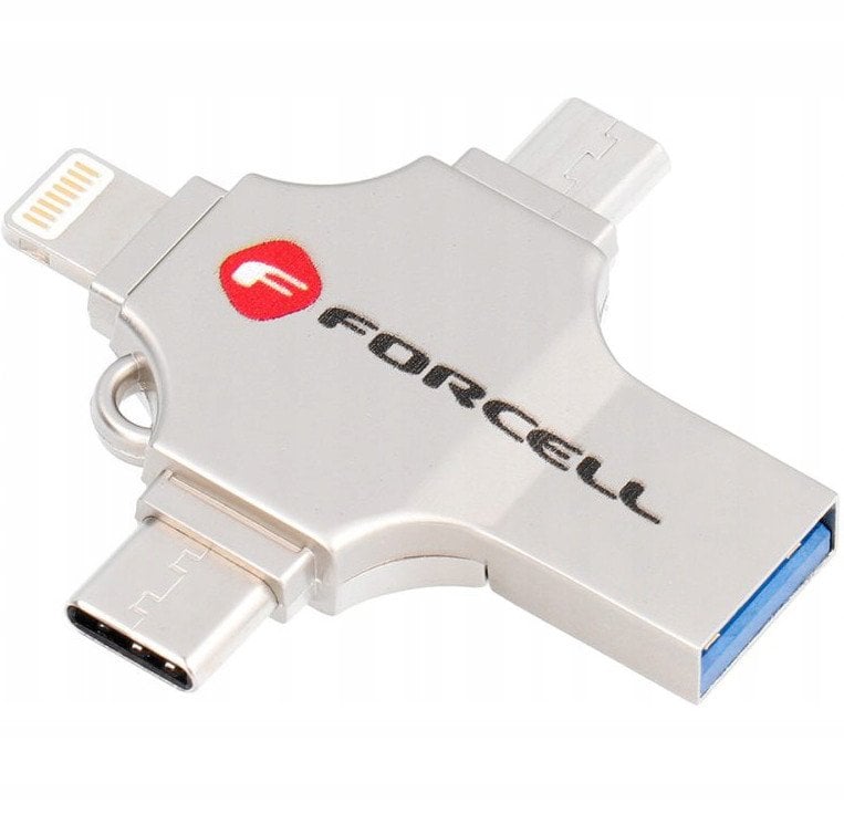 Pendrive 128GB USB 3.2 Gen 1 (USB A / USB C / Lightning / Micro USB) Forcell F-Data Metal Quad srebrny