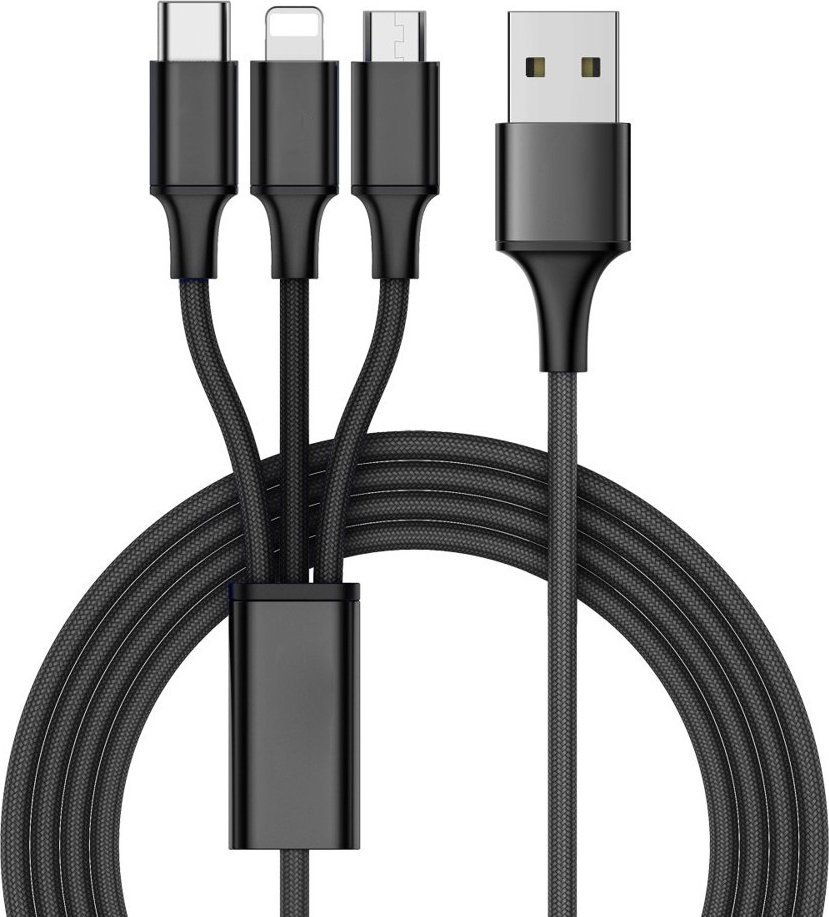 Kabel USB Verk USB-A - USB-C + microUSB + Lightning 1.2 m Czarny