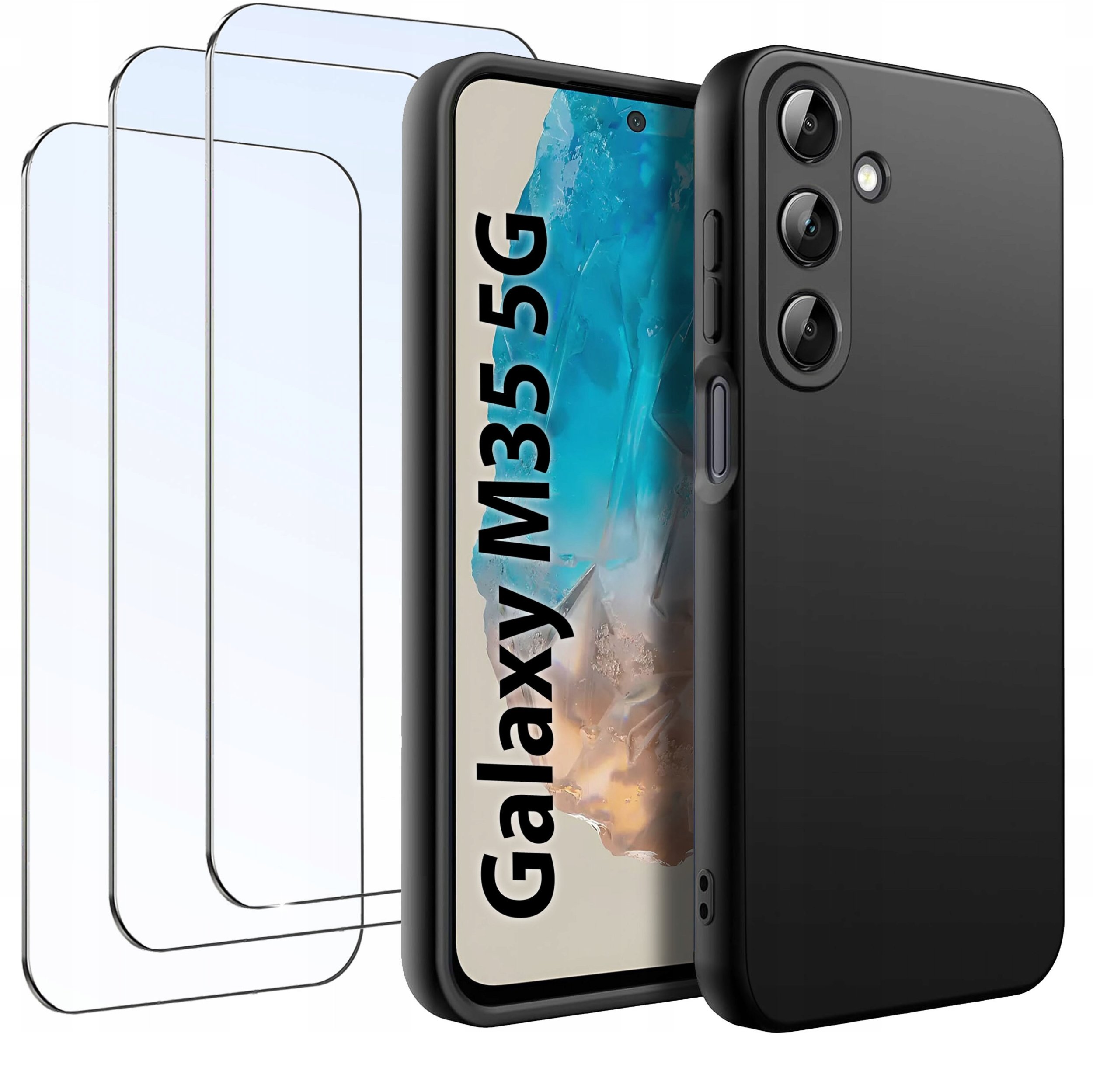 ZESTAW Etui do Samsung M35 5G Matowe Czarne Silikon Slim + 3 SZTUKI SZKŁO