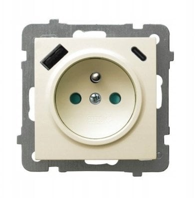 Ospel Gniazdo single z uziemieniem with grounding z przesłonami torów prądowych with protective shutters for current tracks, z ładowarką USB A+C, ecru