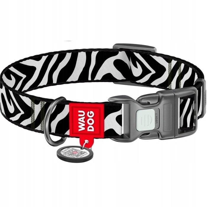 WAU DOG OBROŻA NYLON Z ADRESÓWKĄ QR XL 25mm/37-58cm ZEBRA