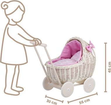 WickerPL Lili Wybielany Wiklinowy Wózek DLA LALEK Z RÓŻOWYM OBSZYCIEM 48X28 H26/47 CM standard