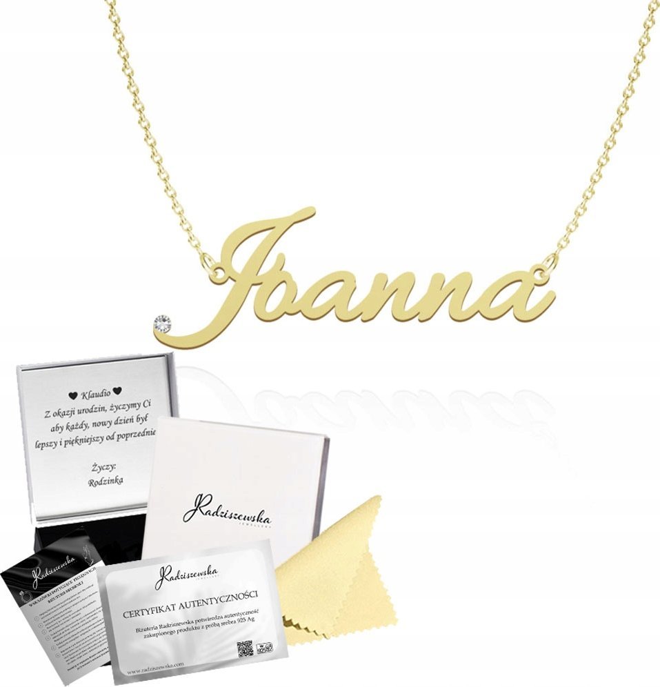 Radziszewska Jewellery Złoty Naszyjnik z imieniem Joanna SREBRO 925 Łańcuszek DEDYKACJA GRATIS