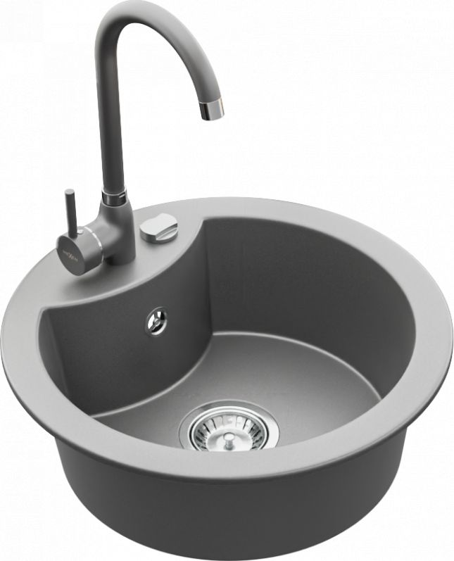 Zlewozmywak Mexen Diego granitowy 1-komorowy z baterią kuchenną Telma, szary - 6512-71-670200-71