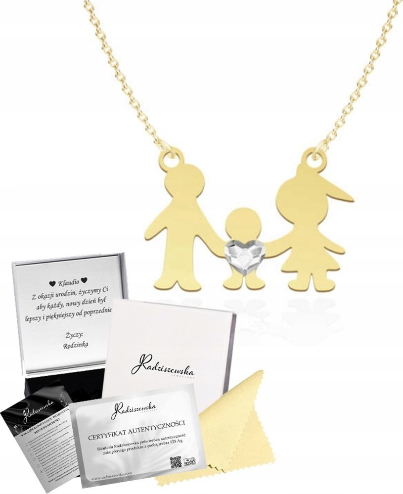 Radziszewska Jewellery Naszyjnik Złoty Rodzina Rodzice Syn 925 Kryształ Prezent DEDYKACJA GRATIS