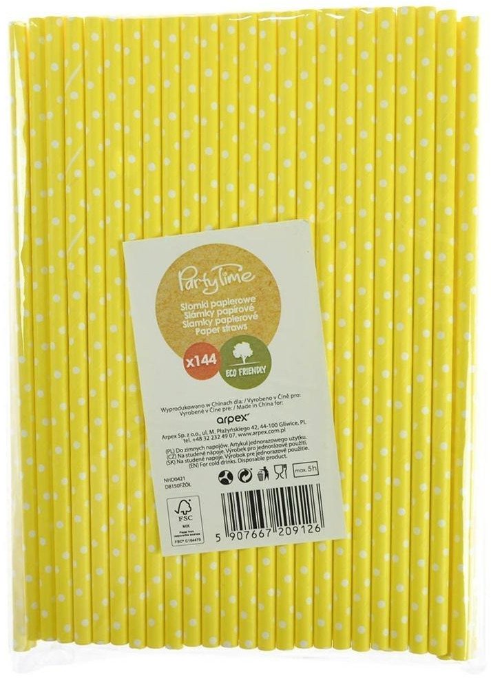 Słomki papierowe żółte w białe kropki 144szt