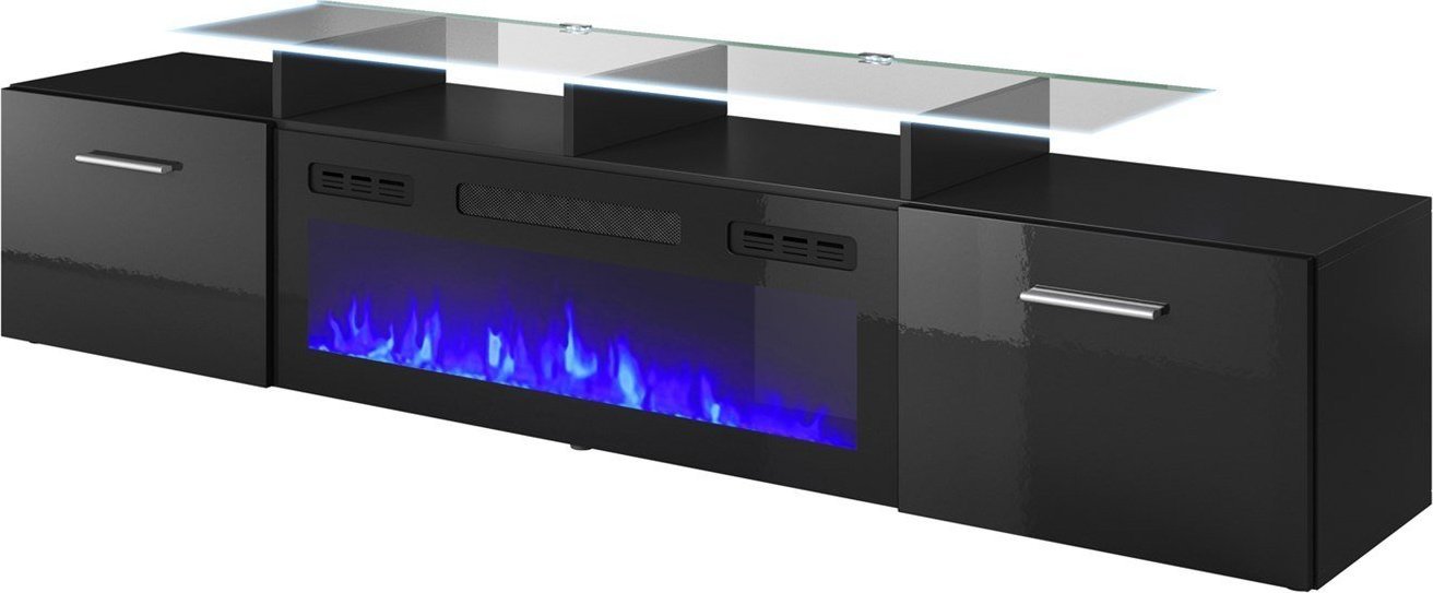 Cama Meble Szafka RTV ROVA z kominkiem elektrycznym 190x37x48 czarny/czarny połysk