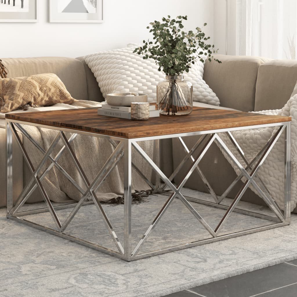 vidaXL Stolik kawowy, srebrny, stal nierdzewna i drewno z podkładów